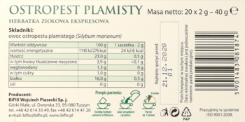 Zielono-beżowy tył opakowania herbaty Ostropest Plamisty Bifix, z danymi odżywczymi i instrukcją przygotowania.