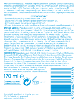Tył białego mleczka w sprayu Ziaja Sopot Sun SPF 30, z listą składników i informacjami o ochronie UV.