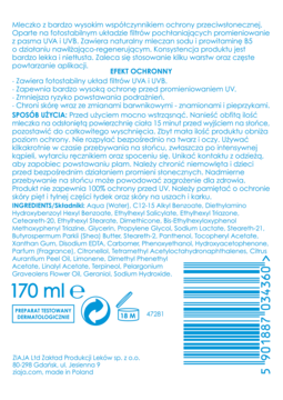 Tył białej butelki Ziaja Sopot Sun Mleczko SPF 50 170ml, z listą składników i instrukcją użycia.