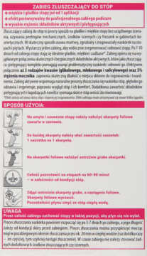 Instrukcja użycia złuszczającego zabiegu do stóp: różowe opakowanie z tekstem i ikonami, widok z przodu.