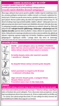 Biała ulotka z instrukcją użycia złuszczających skarpetek do stóp, z różowymi nagłówkami i obrazkami etapów.