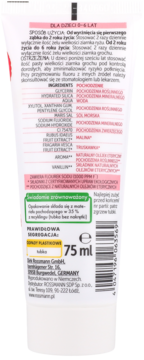 Biała tuba żelu do zębów Rossmann dla dzieci 0-6 lat, truskawkowy, z fluorkiem, 75 ml, widok z tyłu.