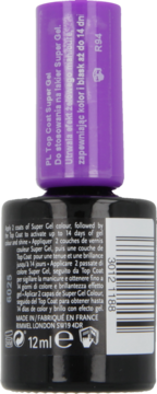 Rimmel Super Gel Top Coat 12ml, widok z tyłu, czarna butelka, fioletowa nakrętka z opisem 14 dni.