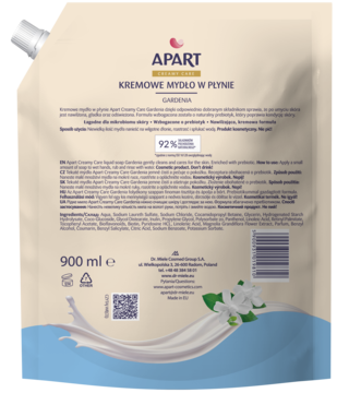 Apart kremowe mydło w płynie nawilżające Gardenia 900ml, tył saszetki z kodem i 92% naturalnych składników.