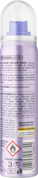 Tył fioletowego lakieru do włosów Isana Volume w sprayu, z czytelnym tekstem, kodem kreskowym i symbolem ostrzegawczym.