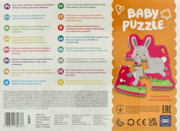 Tył pudełka puzzli Baby Puzzle z szarym zającem, opisem "Duże i grube elementy" i logotypami.