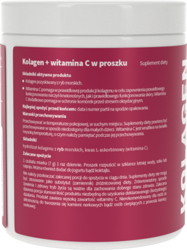 Tył białego opakowania Kolagen + Witamina C w proszku, z magenta etykietą i szczegółowym opisem produktu.