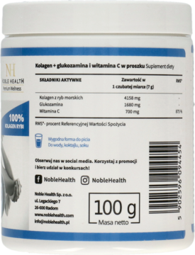 Biały tył opakowania Kolagen + glukozamina i witamina C w proszku Noble Health, widoczna tabela składników i waga 100g.