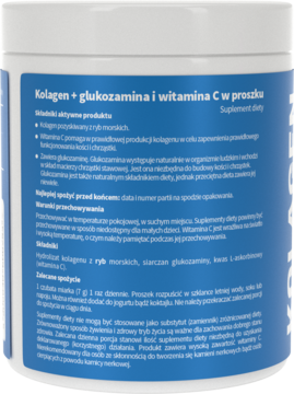 Biała tuba suplementu Kolagen + Glukozamina + Witamina C, etykieta z polskim składem dla kości i chrząstek.