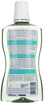 Tył butelki Prokudent med Sensitive 500ml płynu do płukania ust, z polską etykietą i składem.