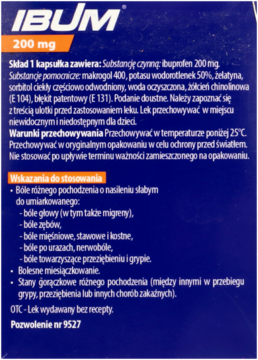 Tył niebieskiego opakowania leku IBUM 200 mg z białym napisem, widoczne szczegółowe informacje o produkcie.
