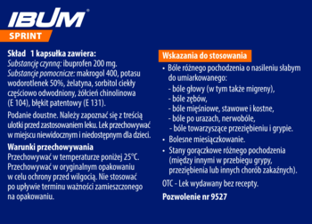 IBUM SPRINT, ulotka z opisem wskazań do stosowania na ból głowy, zębów, miesiączkowy i gorączkę.