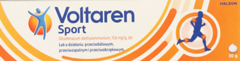 Voltaren Sport, żel przeciwbólowy w pomarańczowo-białym pudełku z sylwetką biegacza, widok z przodu.
