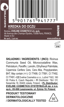 Tył brązowej kredki do oczu Eveline z etykietą zawierającą składniki, kod kreskowy i oznaczenie dermatologiczne.