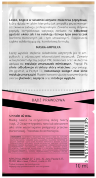 Tył białej i różowej maski-ampułki peptydowej Janda 10ml, z instrukcją użycia i opisem składników.