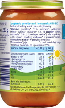 Ujęcie tyłu słoiczka HiPP BIO Spaghetti z pomidorami i mozzarellą z zieloną zakrętką, widoczna biała etykieta z danymi.