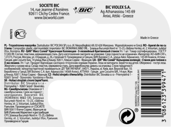 Tył czarnego opakowania maszynki BIC Miss Soleil z informacjami o produkcie, kodem kreskowym i logo.