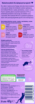 Fioletowe opakowanie Winston Mini-kiełbaski dla kota, widok z tyłu z opisem smaków (ser, szynka, wątrobianka, salami) i składu.