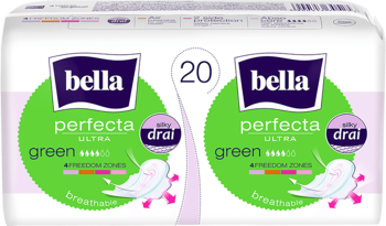Dwa opakowania ultracienkich podpasek Bella Perfecta Ultra Green silky drai, białe z zielonym kołem, widok z przodu.