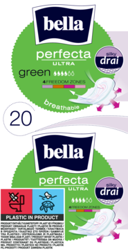 Zielono-białe opakowanie podpasek Bella Perfecta Ultra Green, 20 sztuk, z siateczką silky drai, widok z przodu.