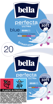 Dwie paczki podpasek Bella Perfecta Ultra Blue, extra soft, 20 sztuk, z oznaczeniem 'PLASTIC IN PRODUCT'.