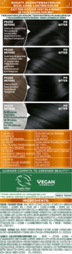Garnier Color Naturals odżywiająca farba do włosów, czarny odcień. Panel z efektami przed/po i składem produktu.