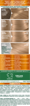 Garnier odżywiający krem koloryzujący do włosów, odcień naturalny blond. Cztery panele przed/po koloryzacji.