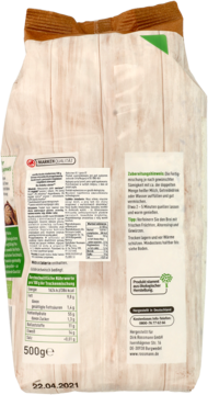 Tył przezroczystego opakowania mieszanki chlebowej Brot Backmischung 500g, widoczne etykiety z niemieckim tekstem.