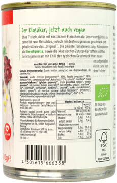 Tył puszki wegańskiego Chili sin Carne z granulatem pszenicznym, widok etykiety z informacjami odżywczymi.