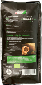 Tył czarnej torby kawy enerBiO BIO Arabica, całe ziarna, 1000g. Pokazana intensywność 4/5 i certyfikat BIO.