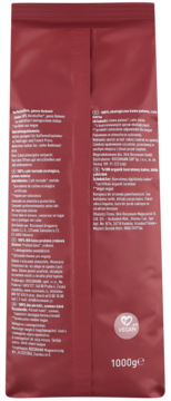 Tył czerwonej torebki kawy palonej, całe ziarna enerBiO 100% Arabika BIO, 1000g, z logo Vegan.