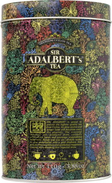 Sir Adalbert's Tea Tropical Black Tea w czarnej metalowej puszce z egzotycznym wzorem i złotym słoniem, widok z przodu.