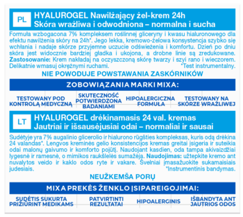 Fragment biało-niebieskiej etykiety Mixa Hyalurogel: nawilżający żel-krem z kwasem hialuronowym do skóry wrażliwej.