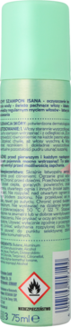 Tył zielonego suchego szamponu ISANA 75ml z polską etykietą, ostrzeżeniem o łatwopalności i kodem kreskowym.