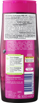 Tył różowego żelu pod prysznic BERRY LOVE 300 ml. Etykieta ze składnikami, opisem i certyfikatami.