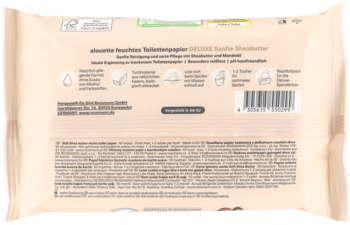Tył beżowego opakowania chusteczek Alouette z masłem Shea, biodegradowalnych, z widocznym kodem EAN i opisem produktu.