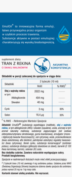 Tran z Rekina o smaku malinowym, etykieta z tabelą składników i logo EmulOil, widok z przodu.