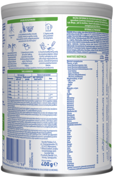 Tył puszki NAN EXPERTPRO Total Comfort, mleko dla niemowląt na kolki i zaparcia, z instrukcjami i tabelą odżywczą, 400g.