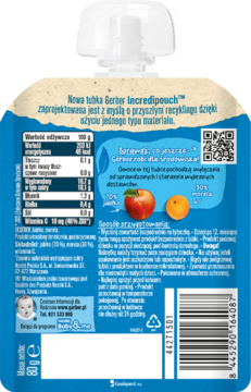 Tył niebieskiej tubki Gerber Incredipouch Deserek jabłko-morela, z białym korkiem i tabelą wartości odżywczych.