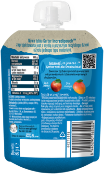 Tył saszetki Gerber Incredipouch™ jabłko i mango. Widoczna etykieta z wartościami odżywczymi i kodem.
