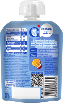 Tył niebieskiego deserku Gerber Jabłko Mango dla niemowląt, z tabelą wartości odżywczych i kodem QR.