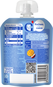 Tył niebieskiej saszetki Gerber deserek jabłko-mango 80g z informacjami odżywczymi, listą składników i kodem QR.