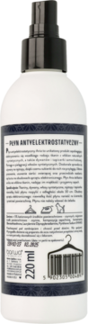 Tył białej butelki płynu antyelektrostatycznego z czarnym atomizerem, widoczna ciemna etykieta, kod i 220 ml.