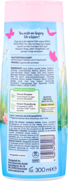 Tył błękitnego żelu pod prysznic Bana 300ml o zapachu mango-pomarańczy, ze składnikami i motylami.