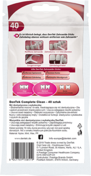 Tył opakowania nici dentystycznej DenTek Complete Clean z wykałaczką, 40 sztuk, z polskim opisem produktu.
