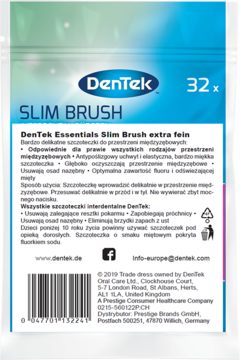 Białe opakowanie DenTek Slim Brush 32x, bardzo delikatne szczoteczki międzyzębowe, widok z przodu.