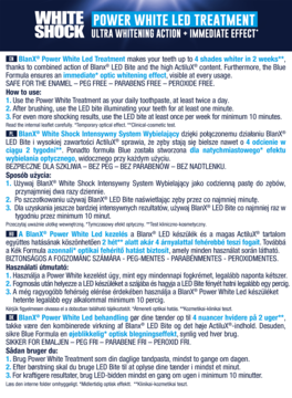 Ulotka z nagłówkiem: WHITE POWER WHITE LED TREATMENT, instrukcje w języku angielskim i polskim.
