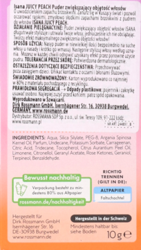 Tył opakowania Isana Juicy Peach Puder zwiększający objętość włosów, z listą składników i informacjami o recyklingu.