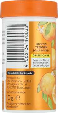 Tył biało-pomarańczowego opakowania pudru zwiększającego objętość włosów Rossmann 10g, z kodem i recyklingiem.