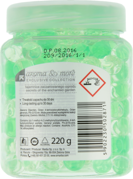 Tył odświeżacza powietrza aroma & more w plastikowym słoiku z jasnozielonymi perełkami żelowymi, 220g.